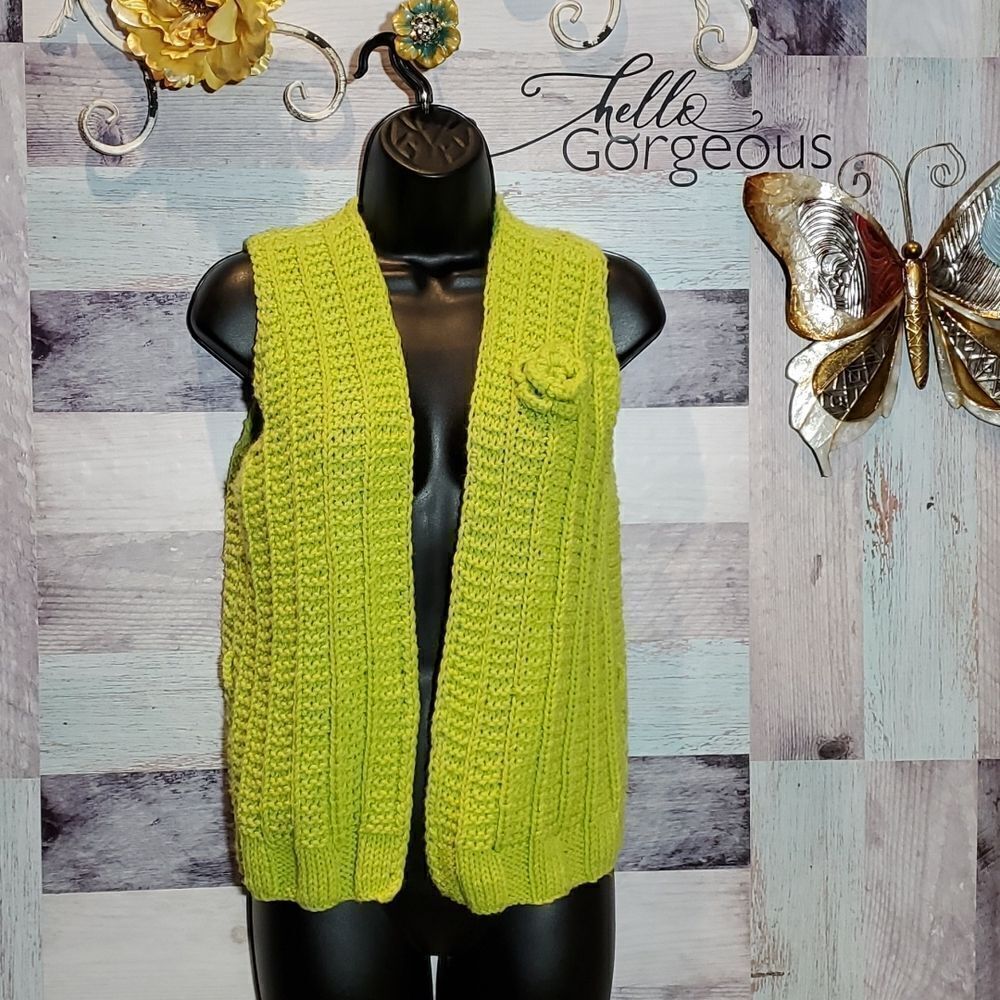 Lime Green Handmade Crochet Knitted Vest BoHo